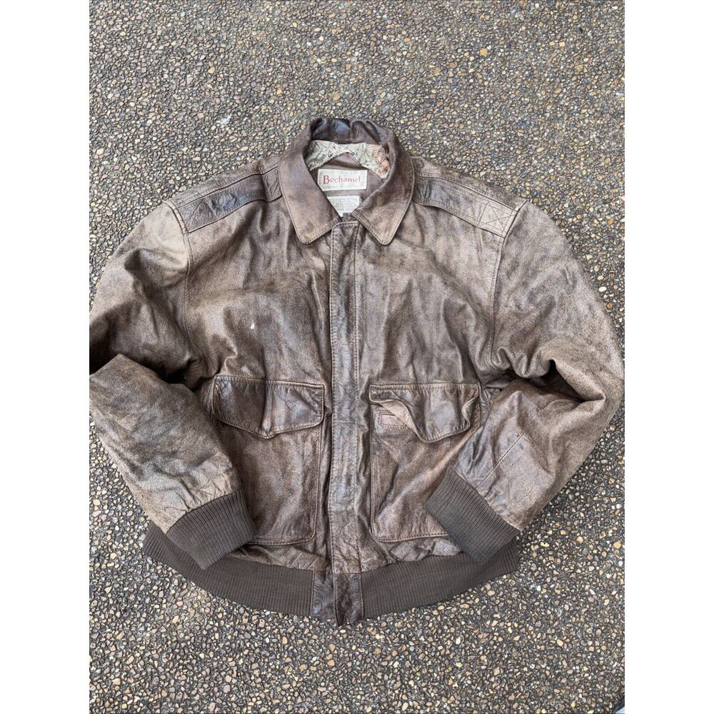 Vintage Bechamel Leather Bomber Jacket With Map Liner Brown Leather 80s Sz Large